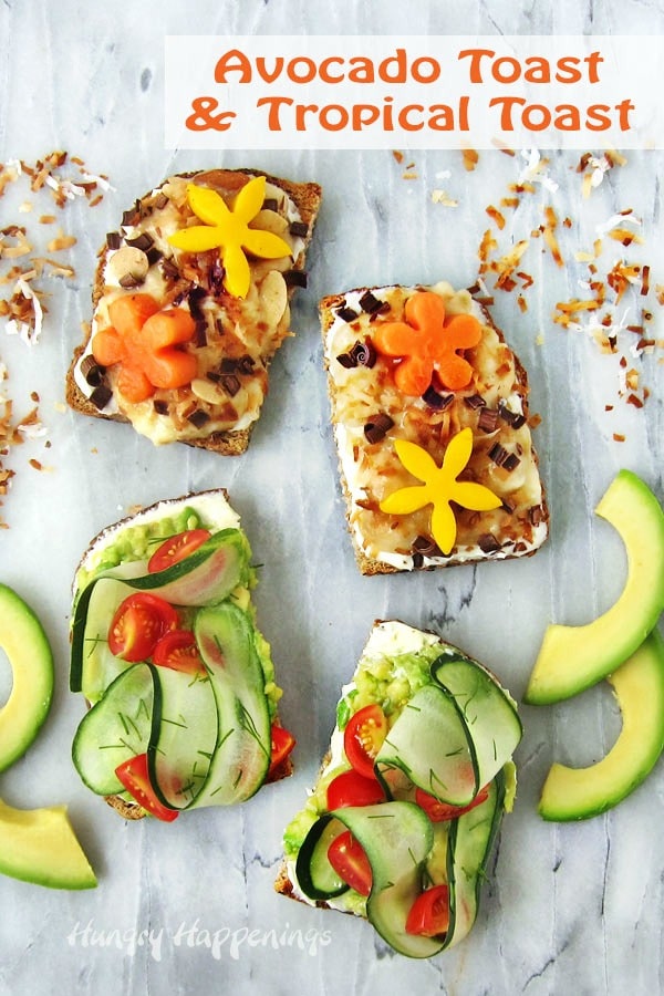 Enjoy savory Avocado Toast topped with Pure Blends™ Avocado Oil Buttery Spread, ribbons of cucumbers, cherry tomatoes, and fresh dill or a sweet Tropical Toast topped with Pure Blends™ Coconut Oil Plant-Based Butter, bananas, toasted coconut, chocolate, almonds, papaya, and mango for breakfast, lunch, dinner, or a snack.