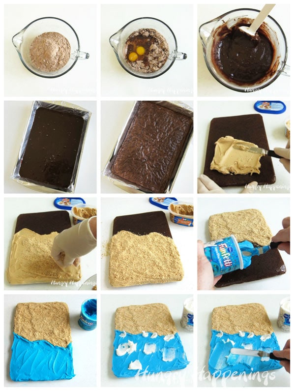 How to make a brownie beach cake using a brownie mix and store bought frosting. 