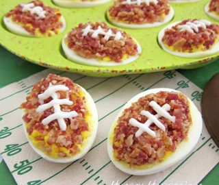Deviled Egg Footballs Bacon Topped Deviled Eggs Decorated Like