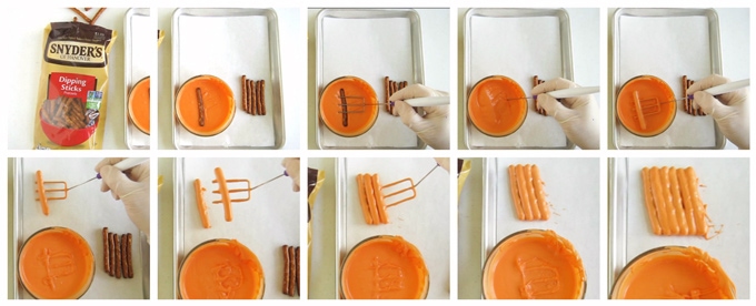 collage of images showing the process of dipping pretzel dipping sticks into orange candy melts then attaching them together into a rectangle pumpkin shape