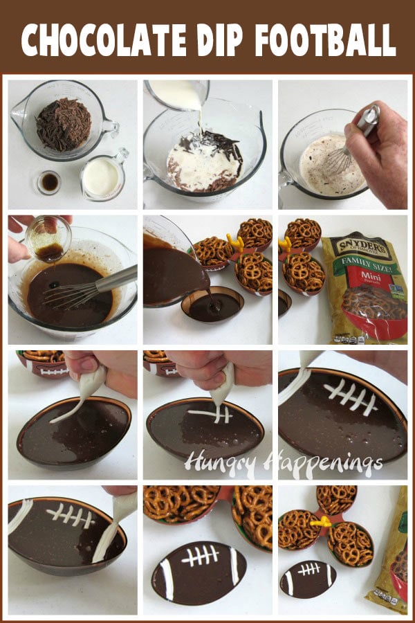 collage of images showing how to make chocolate ganache which is poured into a football shaped bowl and is decorated with white frosting laces to look like a football