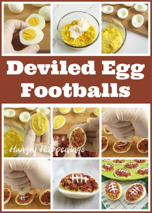collage of images showing how to make deviled egg footballs showing making the filling, filling the eggs, topping with bacon, and piping on mayonnaise football laces