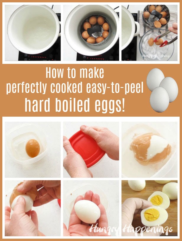 collage of images showing how to steam eggs to make perfectly cooked easy-to-peel hard boiled eggs