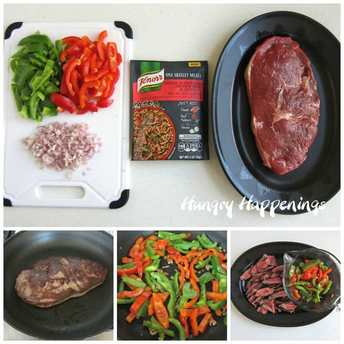 Preparing a Knorr One Skillet Meal with sirloin steak, peppers, and onions by cooking it in a skillet. 