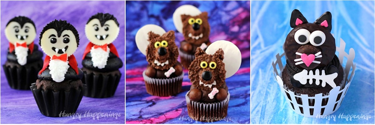 cute Halloween cupcakes including vampires, werewolves, and a black cat. 