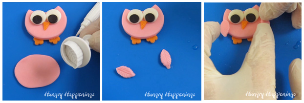 Step 4- how to make modeling chocolate owls Cut the wings using a small leaf shaped plunger cutter then attach them to the owl's body using water. 