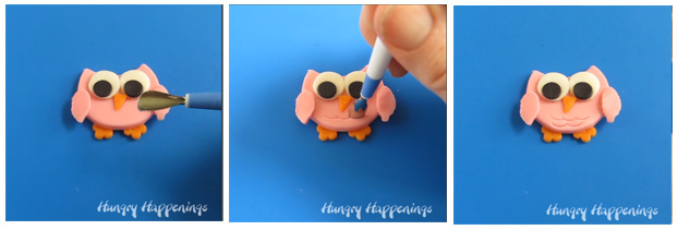 Step 5 - how to make modeling chocolate owls Use a fondant sculpting tool to create two rows of feathers on the owl's body. 