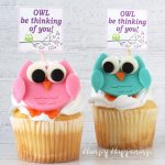 vanilla cupcakes topped with a swirl of whipped icing and decorated with pink and teal colored modeling chocolate owls each with a sign that says, Owl be thinking of you!