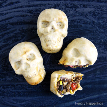 Burrito skulls filled with seasoned beef, black beans, cheese, and corn.