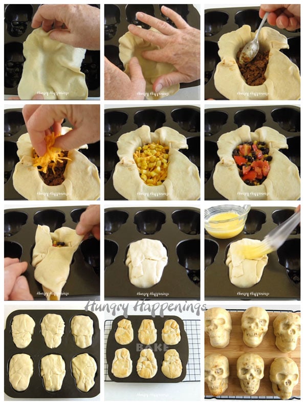 making burrito skulls by filling homemade tortilla dough with taco meat, cheese, black beans, corn, and tomatoes. 
