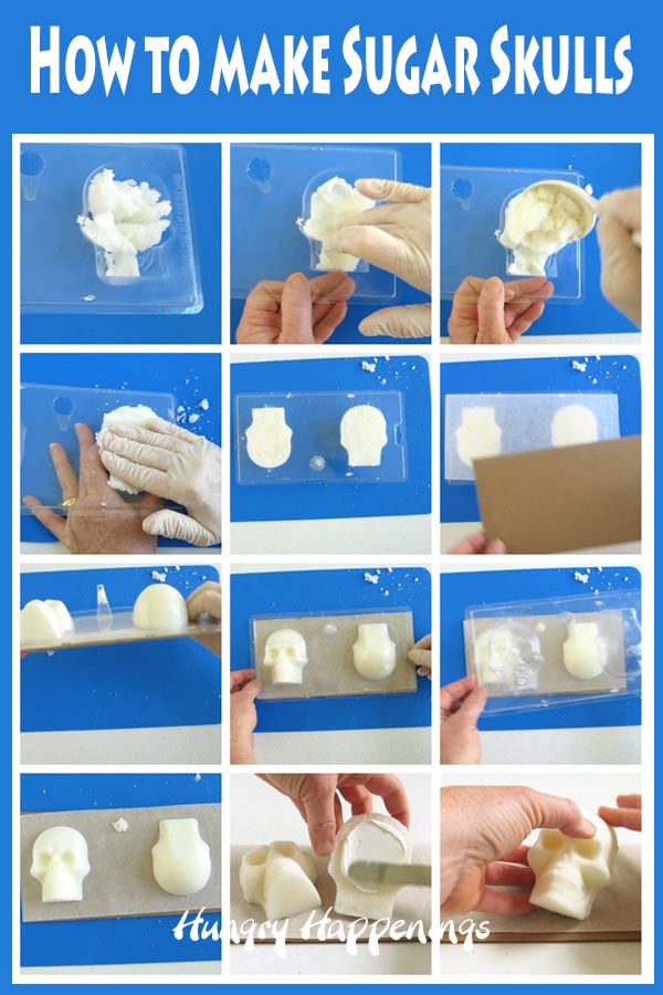 collage of images showing how to mold sugar skulls