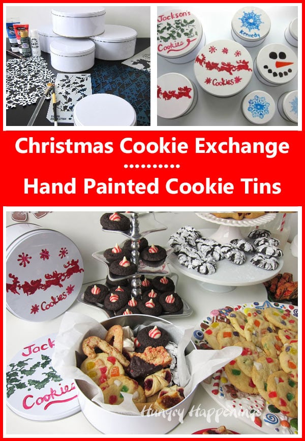 collage of images showing cookie tins that are painted with Christmas decorations then filled with cookies from a cookie swap