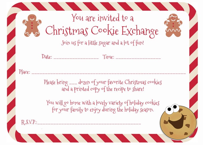 Christmas Cookie Exchange Printable Invitation with a candy cane border and cookies