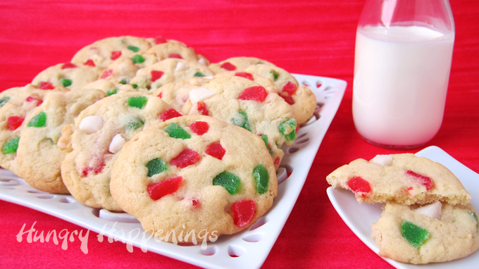 Christmas Gumdrop Cookies on a white plate set next to a bottle of milk