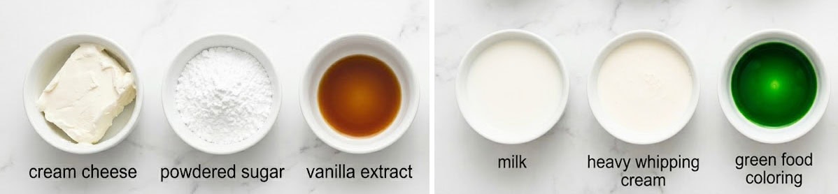 Grinch Pancake topping ingredients in white bowls.