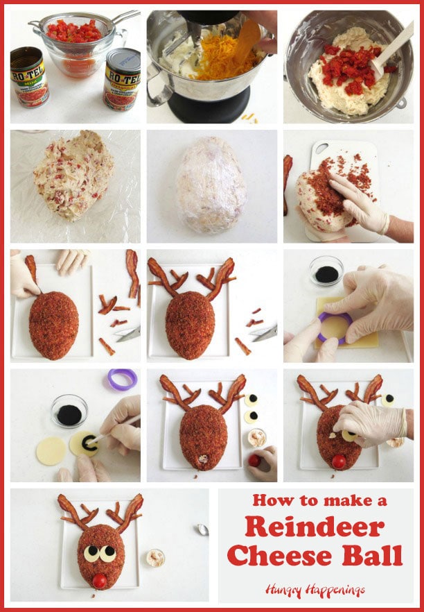 Collage of images showing the step-by-step process of making a Reindeer Cheese Ball.