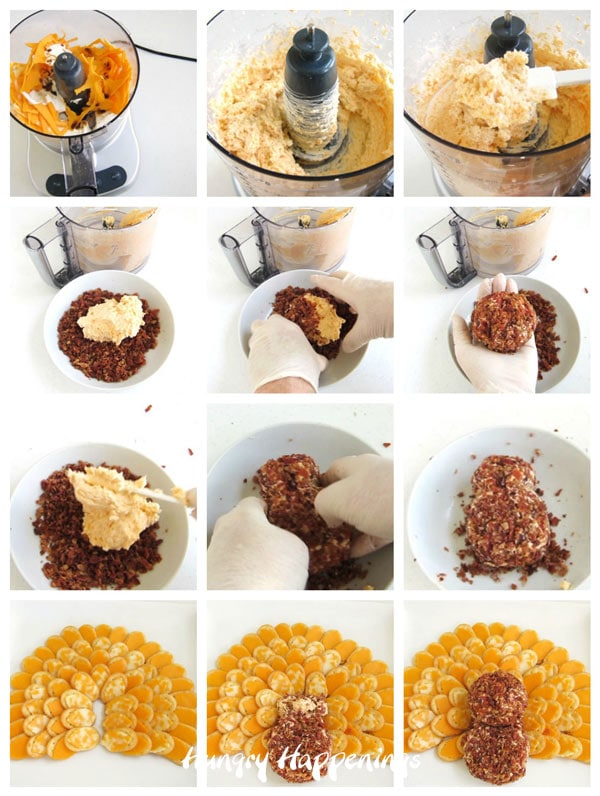 collage of images showing how to make the cheese ball turkey