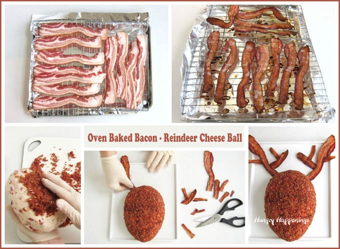 Collage of images showing how to bake bacon in the oven on a cooling rack then using it to decorate the Rudolph Cheese Ball Christmas appetizer.
