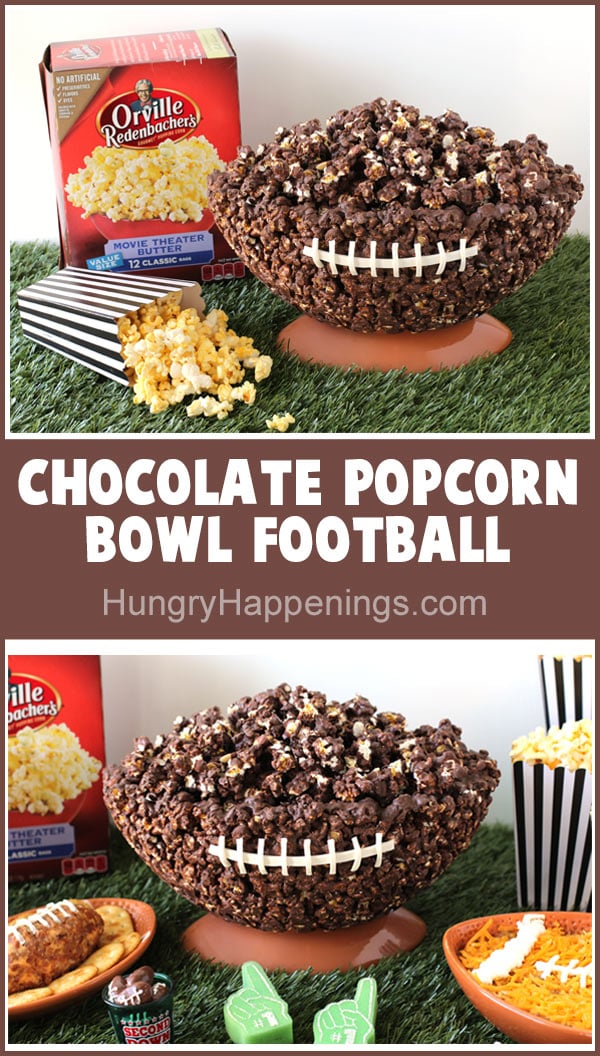 collage of images showing the chocolate popcorn bowl football with Orville Redenbacher's Popcorn in black and white striped referee boxes on green astro turf