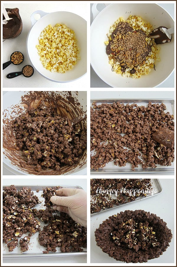 collage of images showing how to make chocolate popcorn filled with peanuts and toffee bits to put into the football shaped chocolate popcorn bowl