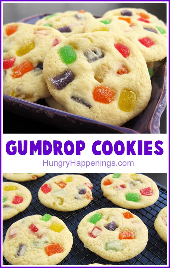 collage of images showing gumdrop cookies in a purple bowl and on a cooling rack with 
