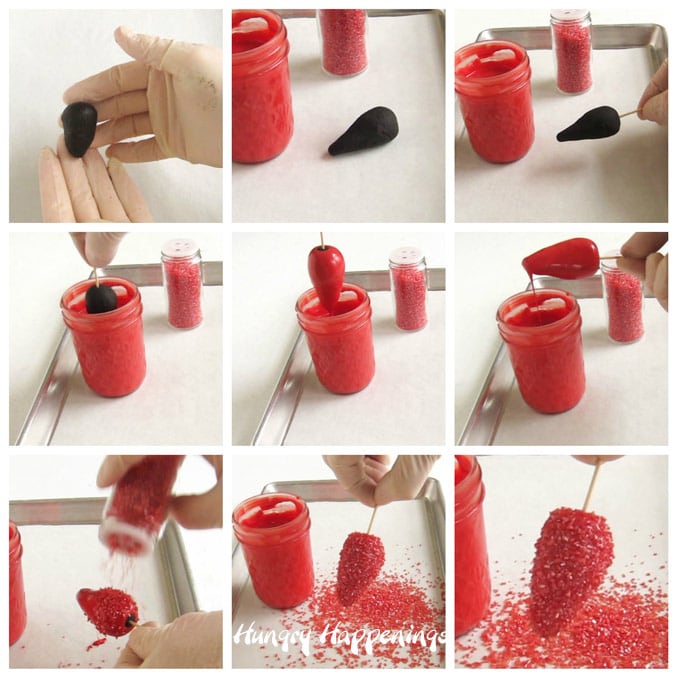 Collage of images showing how to dip OREO Cookie Light Bulbs into red candy melts before sprinkling on red sanding sugar. 