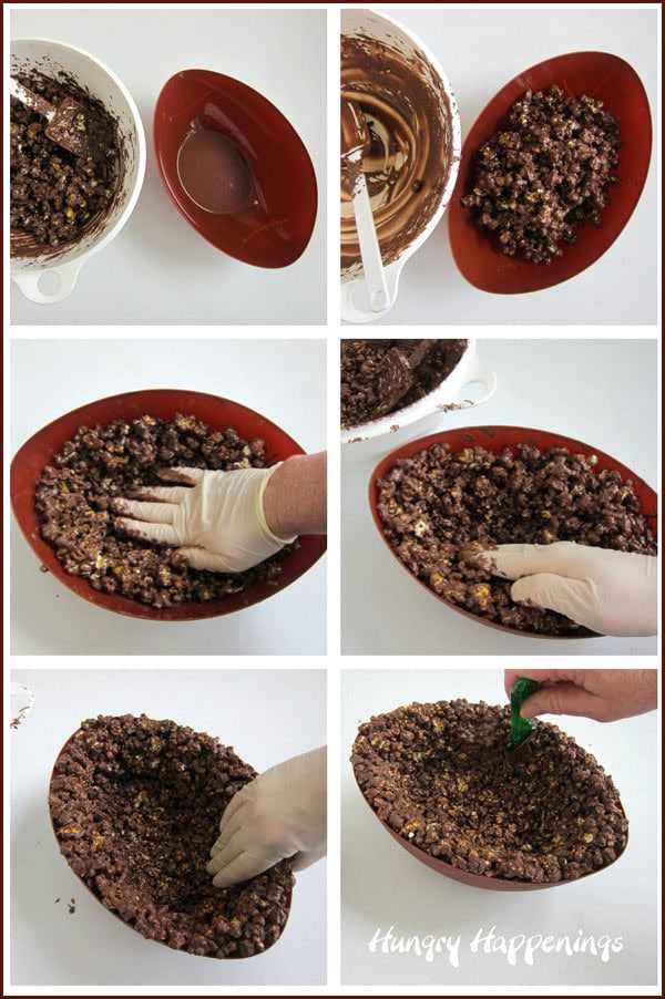 collage of images showing how to create the football shaped bowl using chocolate covered popcorn