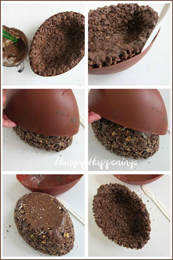 collage of images showing how to remove the chocolate popcorn bowl football from the plastic football shaped bowl