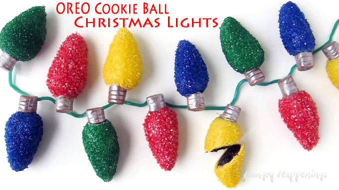 Horizontal image of a strand of OREO Cookie Ball Christmas Lights on a white background with title text.