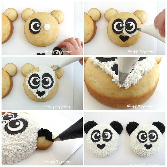collage of images showing how to attach the modeling chocolate eyes to the cake then how to frost the panda cake using a star tip
