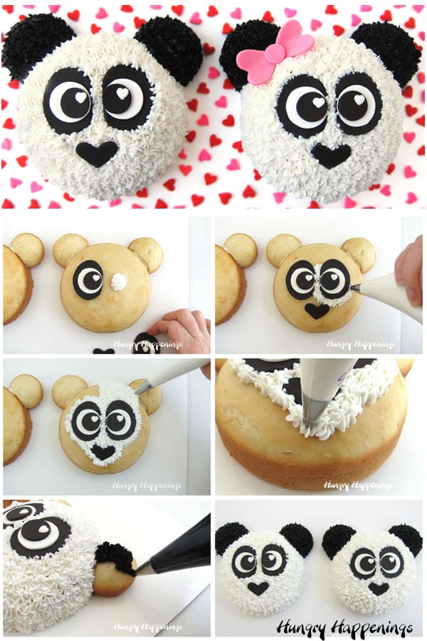 collage of images showing how to frost a panda bear cake using white and black icing and fondant cake toppers