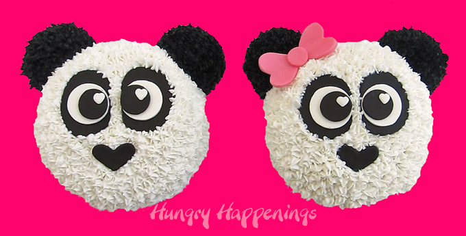 two panda bear cakes on a bright pink background