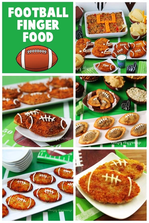 collage of images showing football finger food including Super Bowl Chicken Nuggets, Doritos Potato Footballs, Fried Taco Footballs, Zucchini Fritter Footballs, and Asiago Rice Fritter Footballs