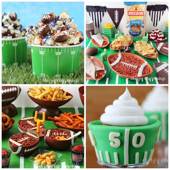 4 images of super bowl food including football popcorn, artichoke dip football, beer cheese football with french fries, and football field cupcake