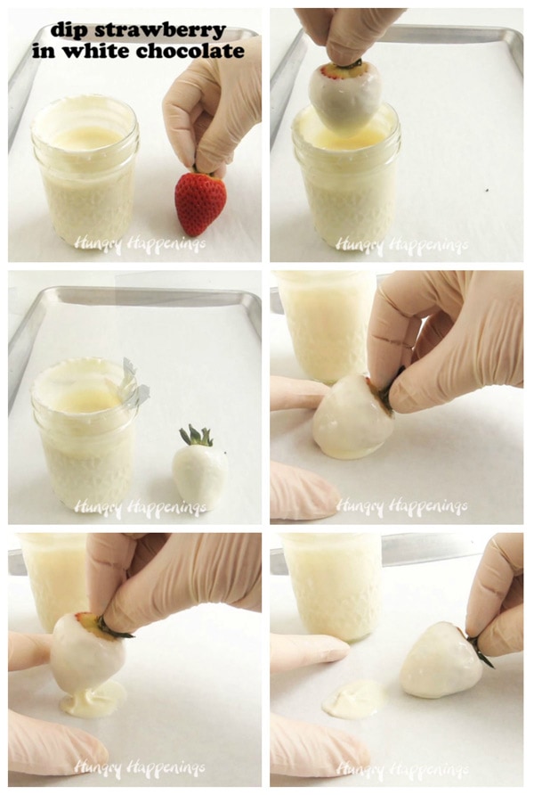 collage of images showing how to dip a strawberry in melted white chocolate and how to remove the puddle of chocolate (the foot) under the strawberry