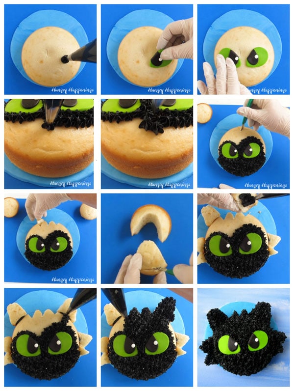 Collage of images showing how to add the modeling chocolate eyes to a round cake before piping on black frosting to create Toothless.