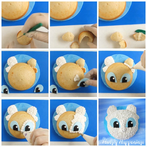 collage of images showing how to add modeling chocolate eyes to a cake then to pipe white frosting over top to create Light Fury