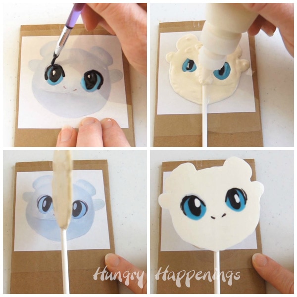 Collage of images showing how to paint the colored candy melts onto the template to create Light Fury Lollipops.