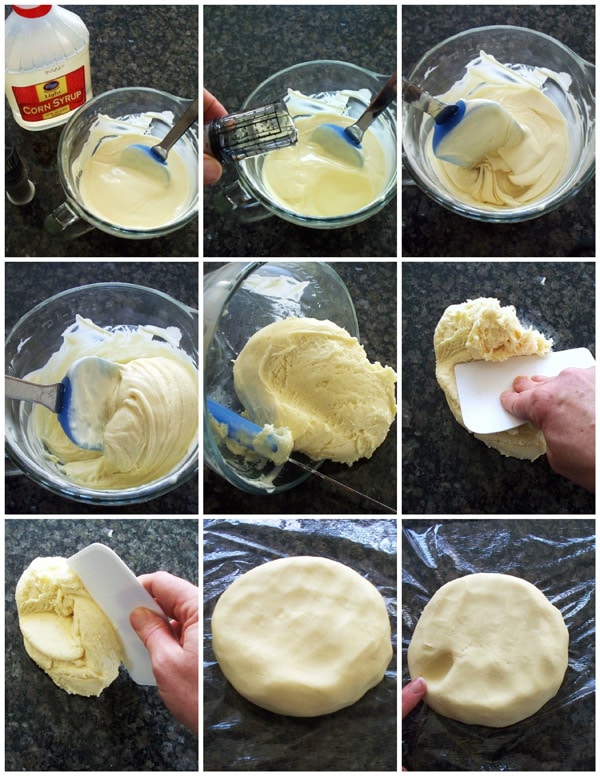 collage of images showing how to make white modeling chocolate using white chocolate and corn syrup