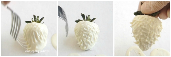 collage of images showing how to make the white chocolate dipped strawberry look furry