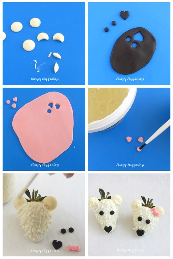 collage of images showing how to decorate white chocolate dipped strawberry polar bears with modeling chocolate ears, eyes, nose, and bow