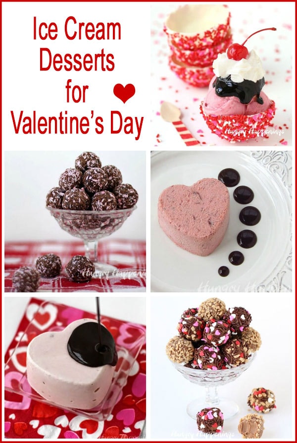 Collage of images showing ice cream desserts for Valentine's Day including Ice Cream Truffles, Chocolate Ice Cream Cups, and Orange Cranberry Hearts. 