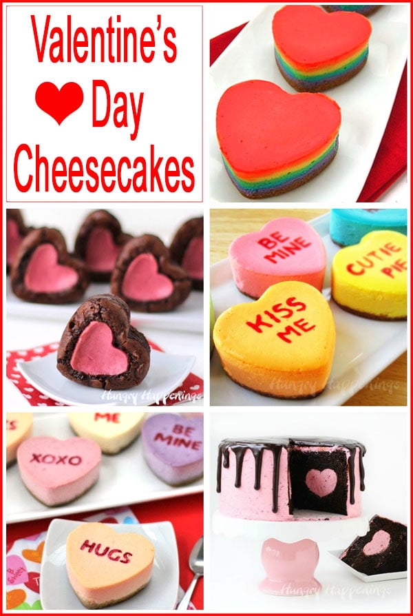 collage of images featuring heart shaped cheesecakes for Valentine's Day