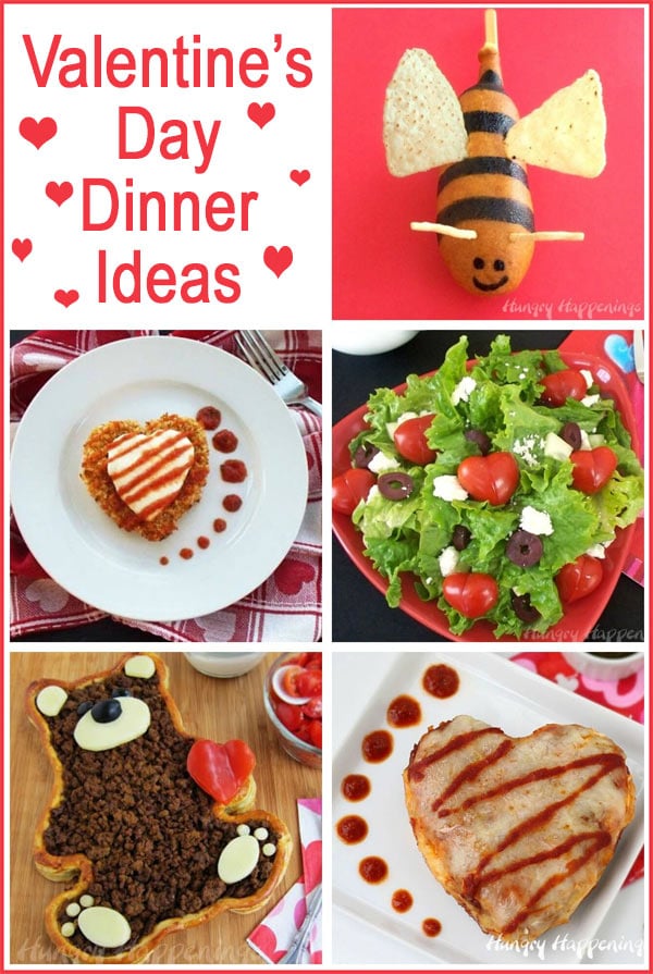 collage of images featuring Valentine's Day dinner ideas including chicken Parmesan hearts, Chicken Enchilada Hearts, Taco Teddy Bear and more. 