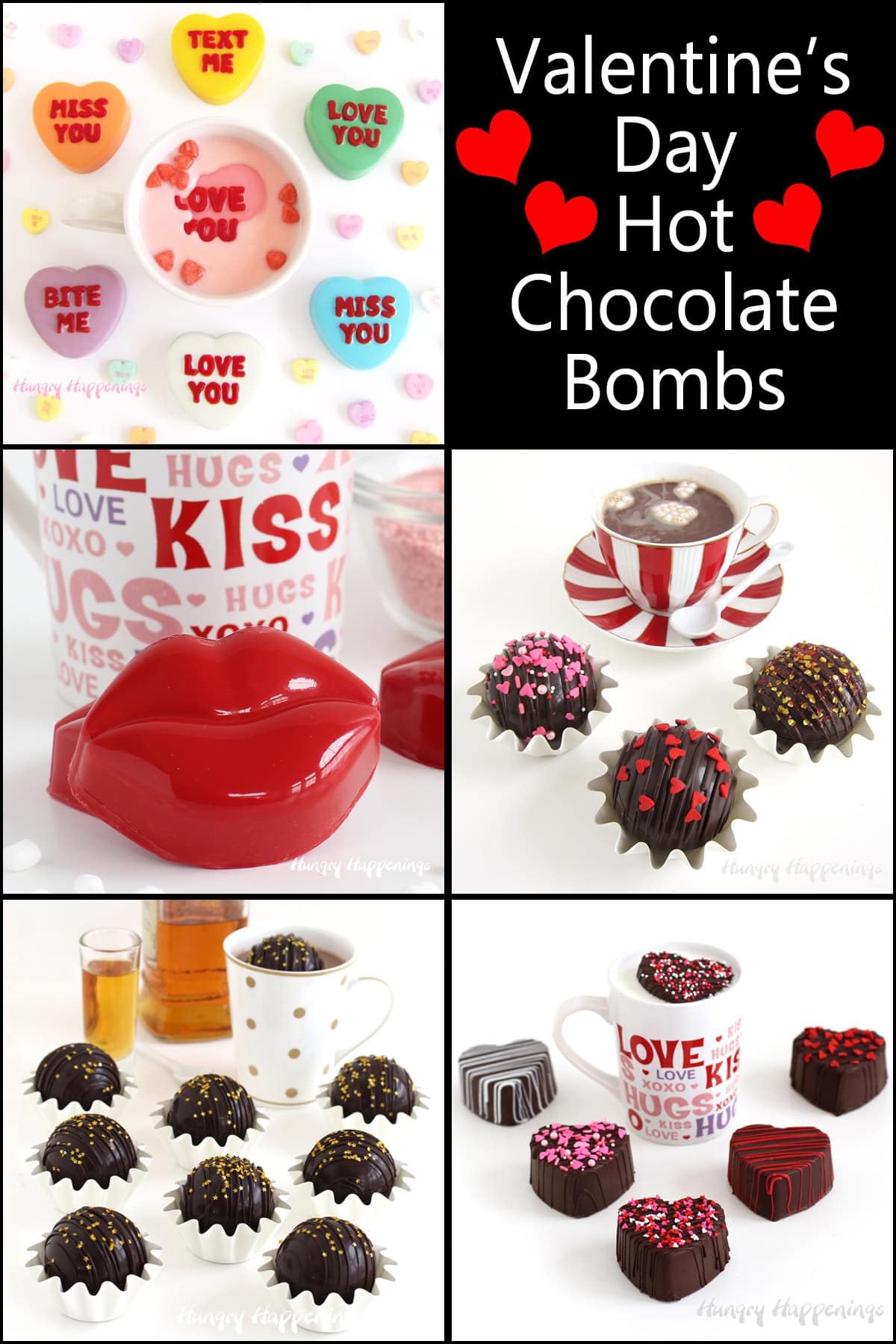 Valentine's Day Hot Chocolate Bombs including conversation hearts, lips, hearts, and boozy bombs. 