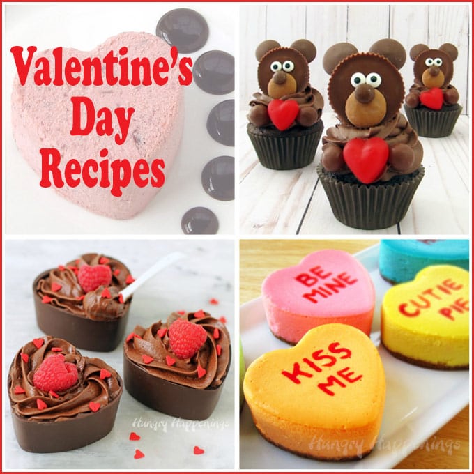 collage of Valentine's Day recipe images including Chocolate Teddy Bear Cupcakes, Conversation Heart Cheesecakes, and Chocolate Mousse Cups.