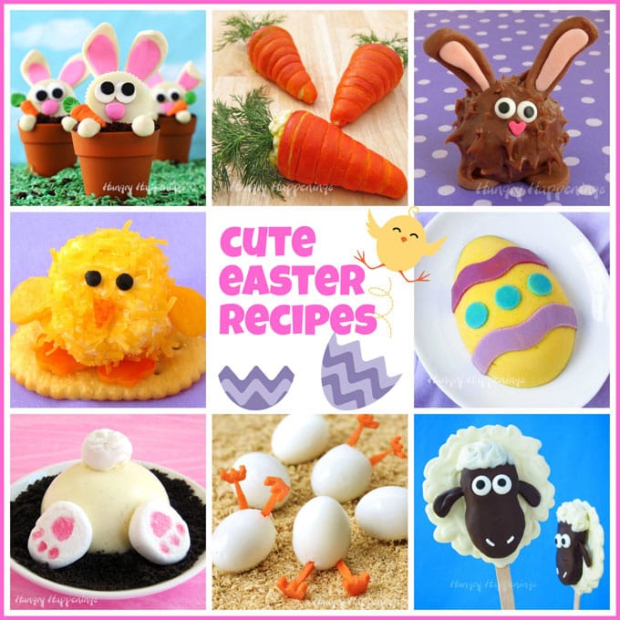 collage of 8 cute Easter desserts and appetizers including Carrot Thief Cupcakes, Crescent Roll Carrots, and Hatching Hard Boiled Eggs