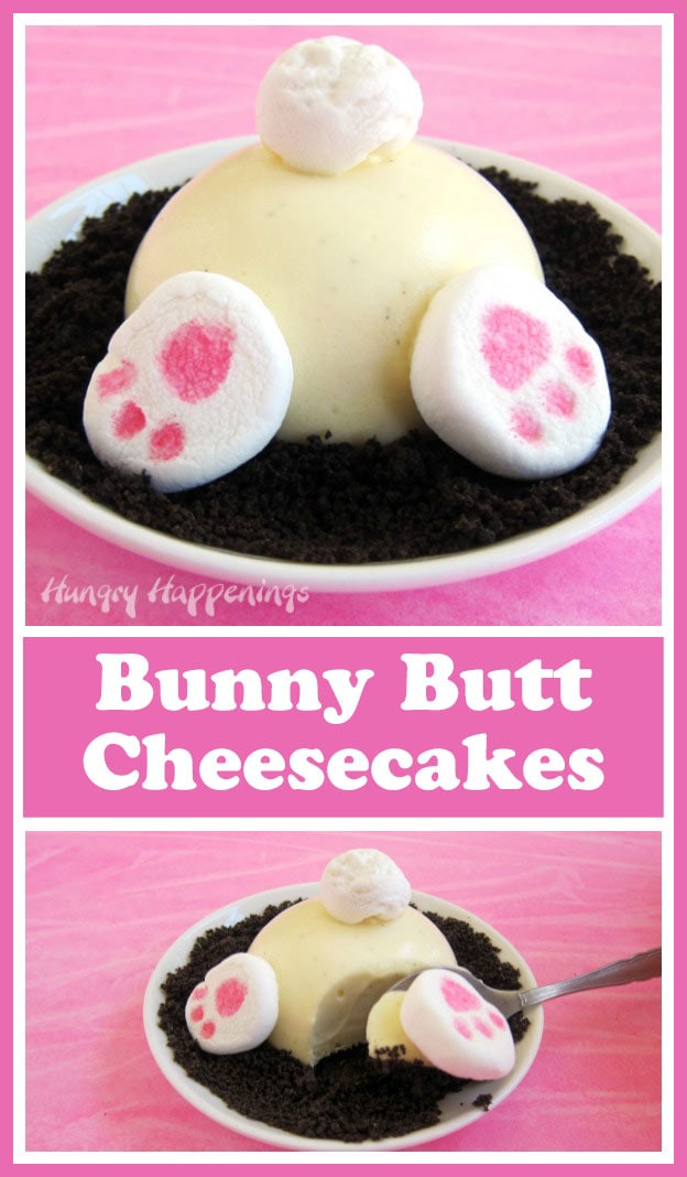 collage of images showing one bunny butt cheesecake with a fluffy marshmallow tail and cute marshmallow feet along with one cheesecake that has a spoonful taken out