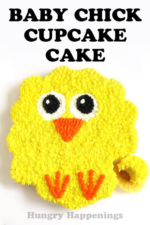 Baby Chick Cupcake Cake with one cupcake removed and a bite taken out of it.