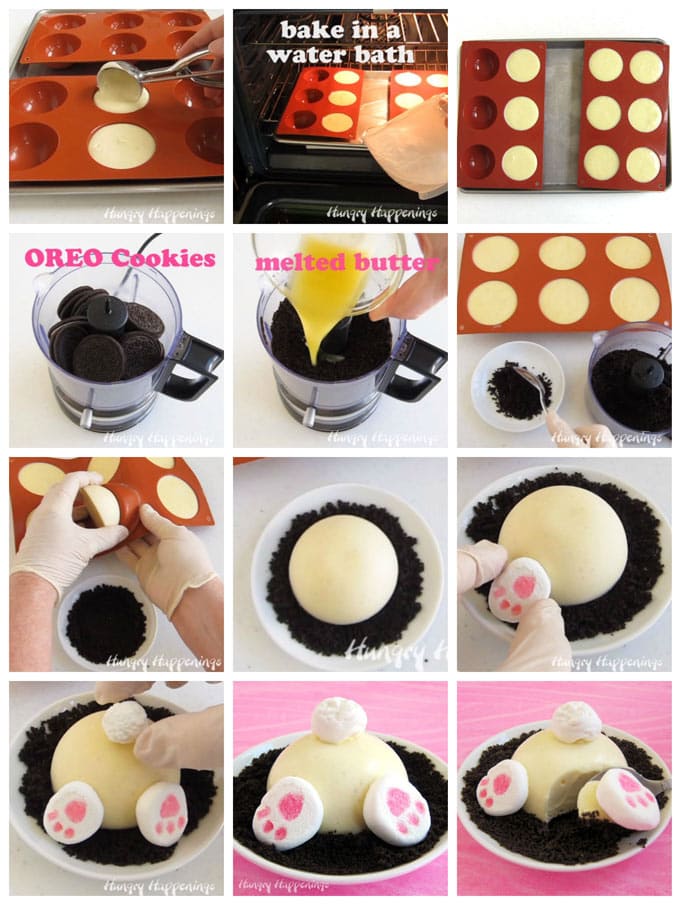 Collage of images showing how to make half sphere shaped cheesecakes then set them over crushed OREO cookies and decorate them with marshmallow bunny feet and a tail